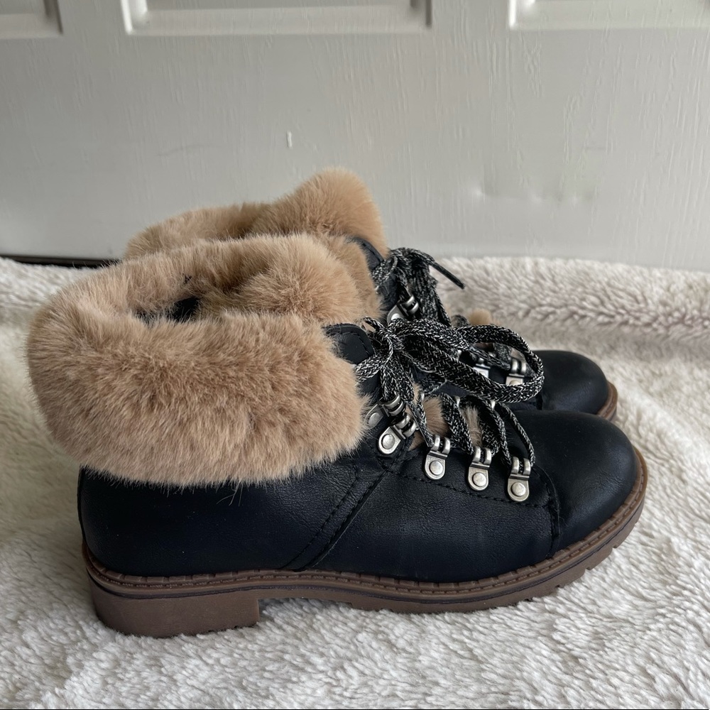 Time and Tru faux fur black lace up ankle booties